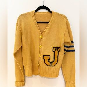Vintage 1950s Standard Yellow Wool Varsity Sweater Sleeve Stripes Letterman